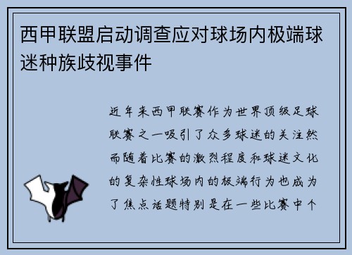 西甲联盟启动调查应对球场内极端球迷种族歧视事件